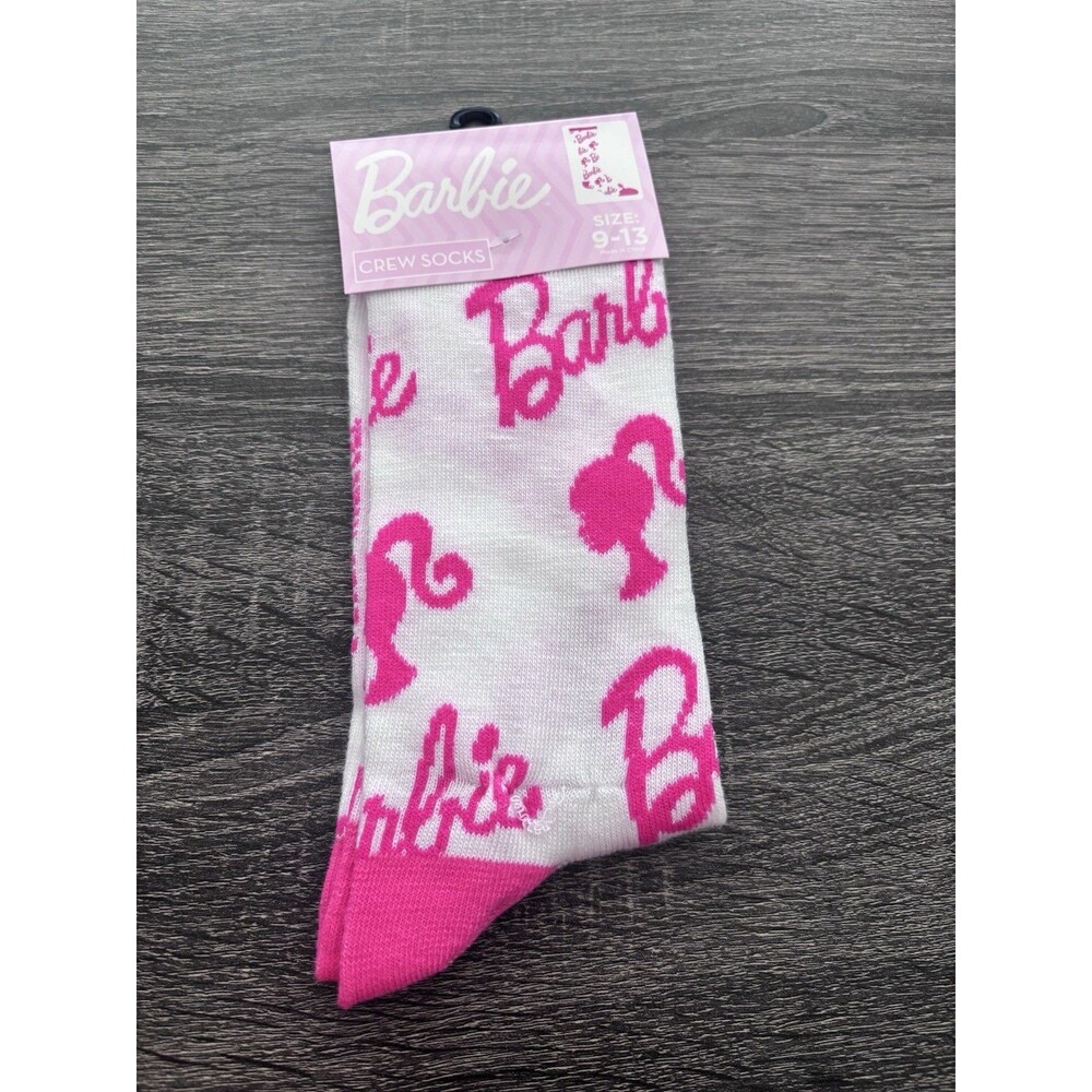 Barbie Girls Crew Socks Size 9-13 White/Pink Logo Pattern 1 Pair